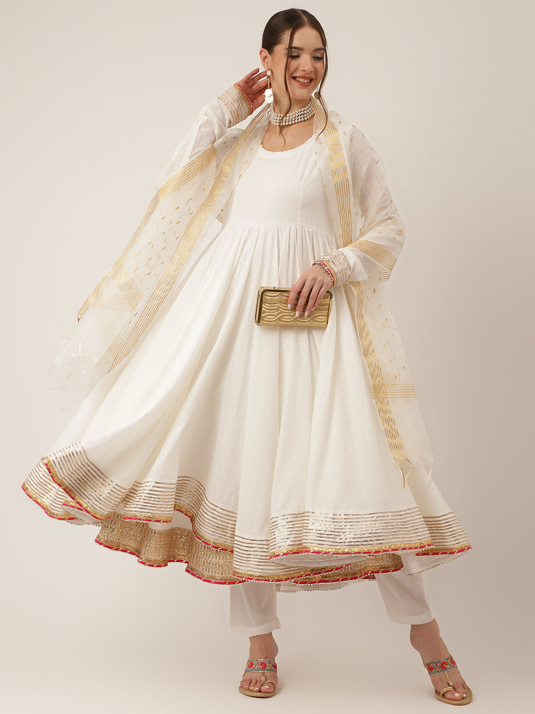 Off White Shree Ram Buta Cotton Layered Anarkali Kurta, Trouser With Dupatta — view 1