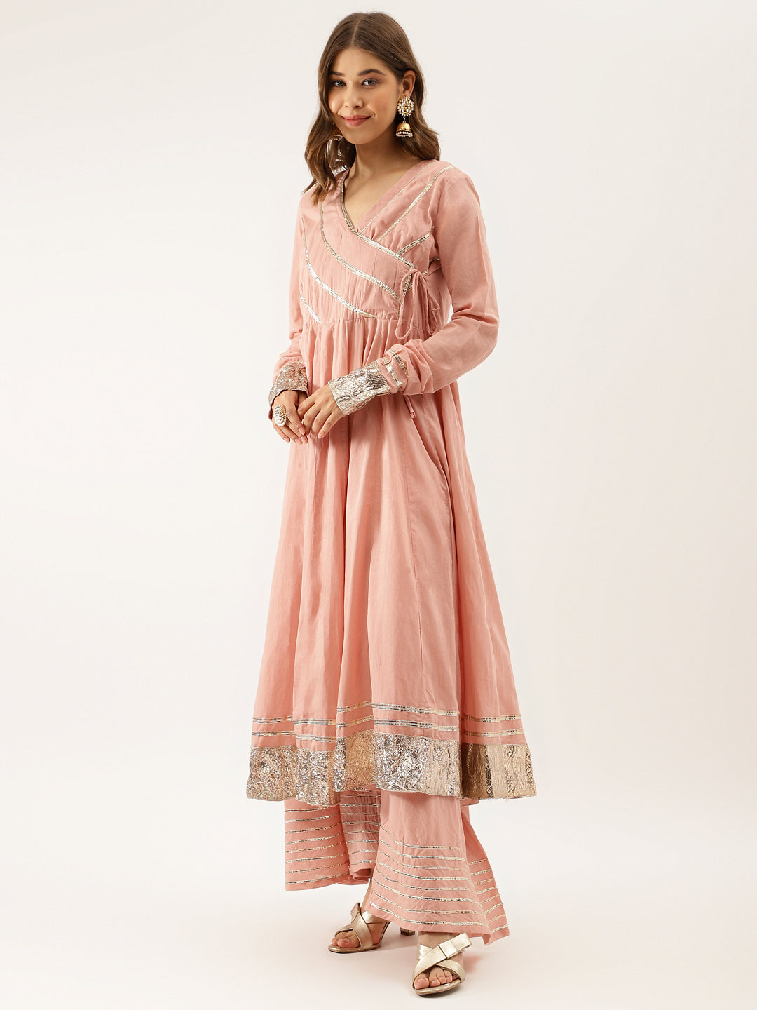 Divena Peach Solid Cotton Gota Work Kurta set with Dupatta