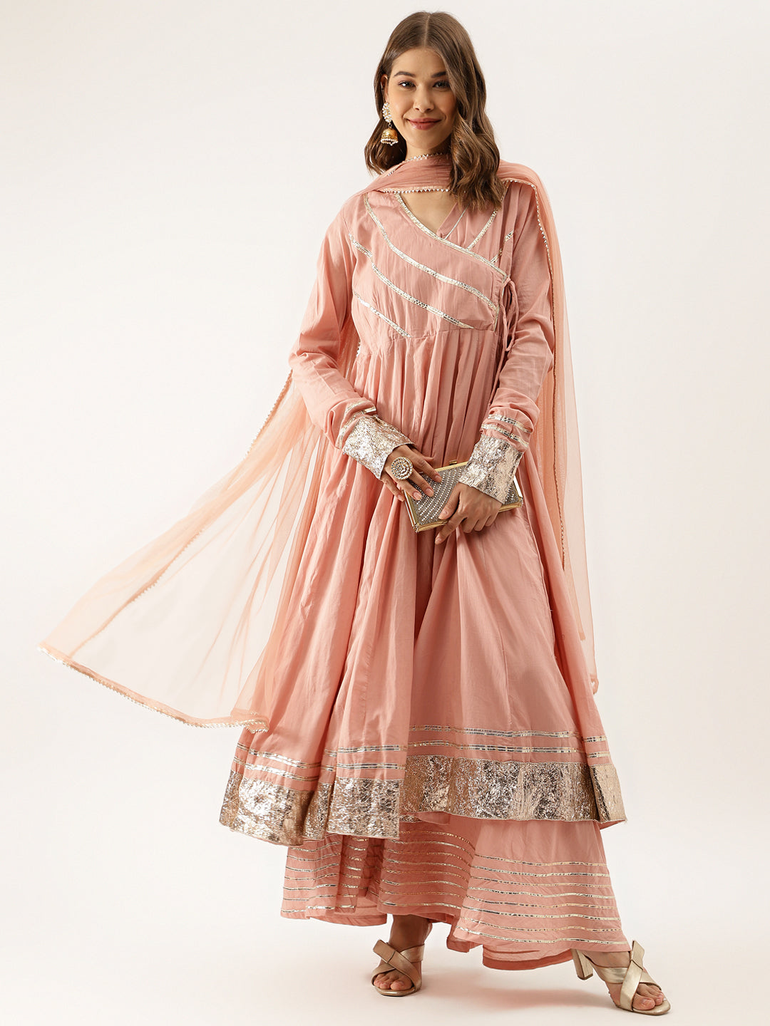 Peach Solid Cotton Gota Work Kurta set with Dupatta — view 1