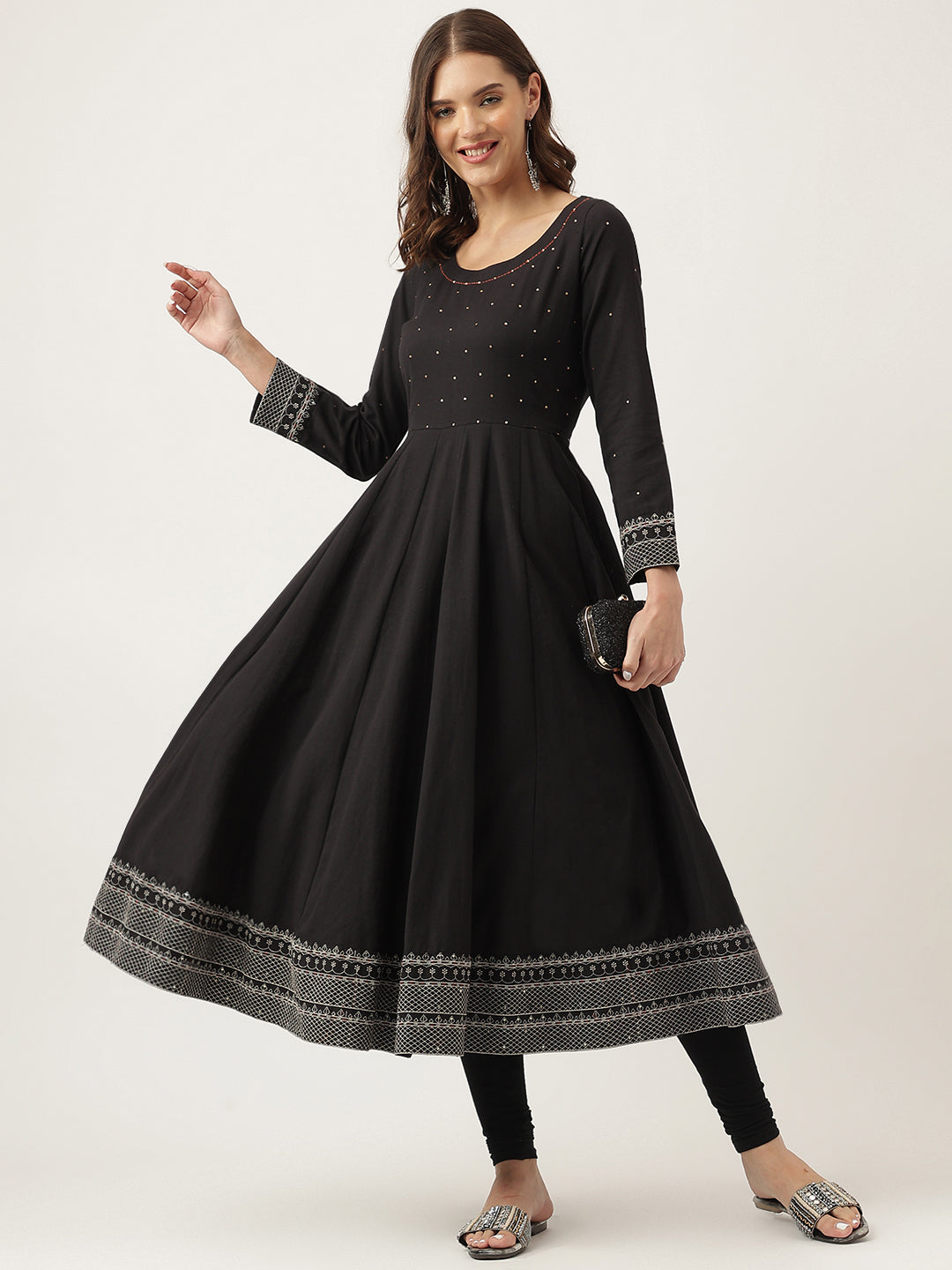 Black Embroidered Cotton Anarkali Kurta — view 1
