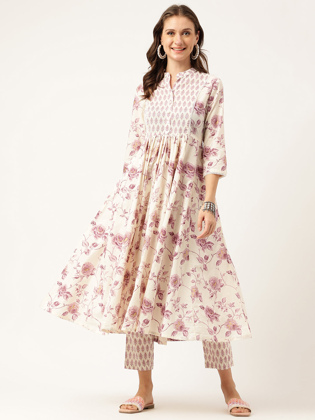 White Purple Floral Cotton Flared kurta with Pant set — view 1
