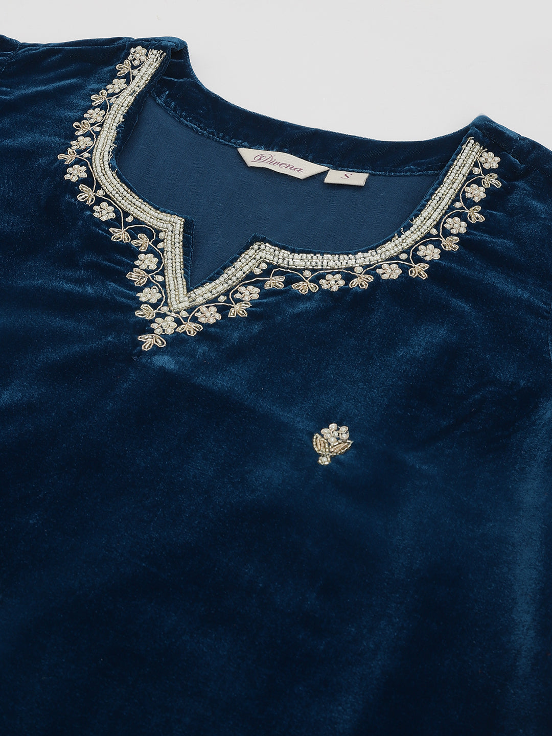 Divena Rayol Blue Hand Embroidered Velvet Straight Kurta, trousers with Dupatta Set
