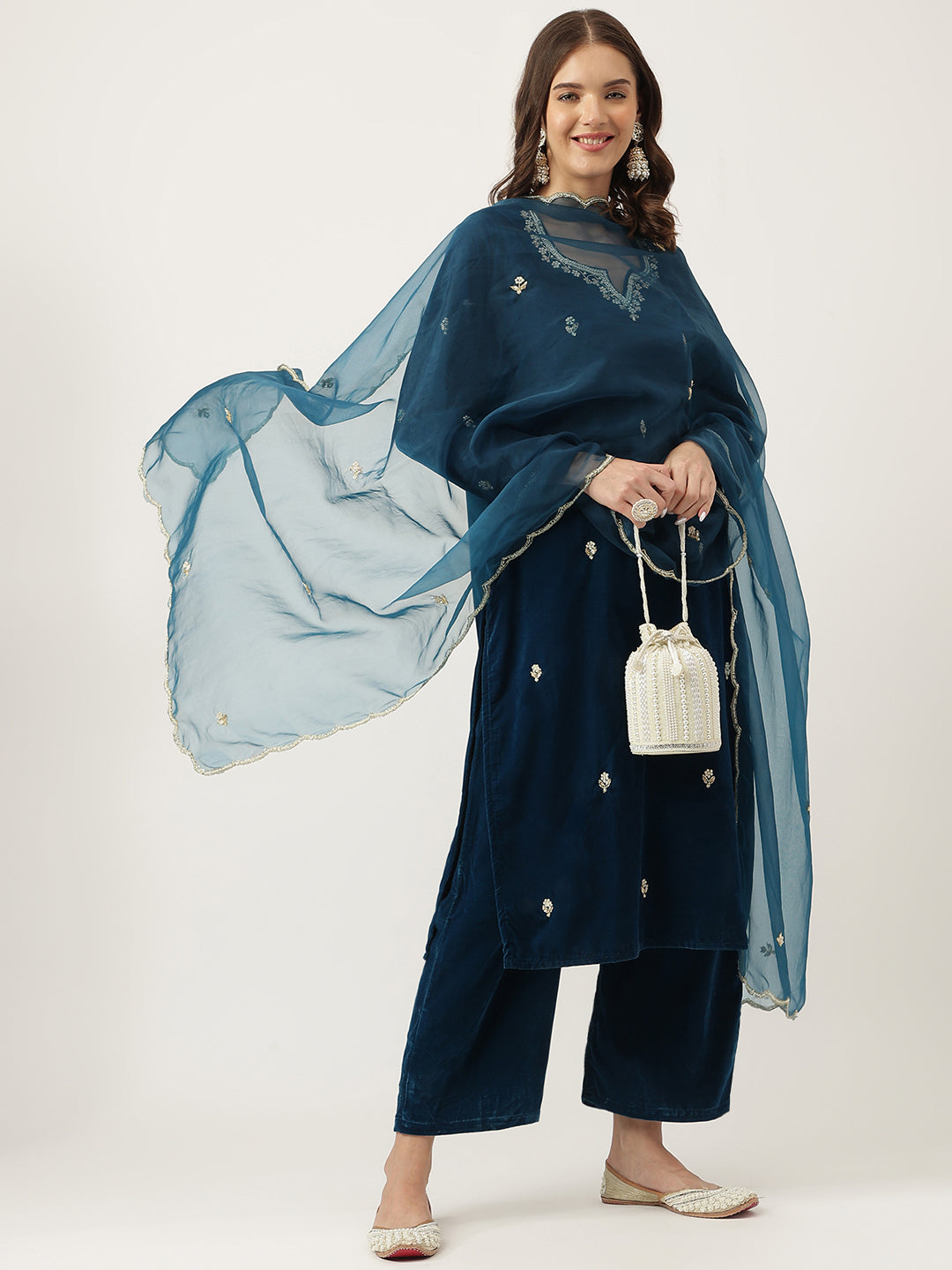 Rayol Blue Hand Embroidered Velvet Straight Kurta, trousers with Dupatta Set — view 1