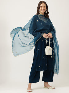 Divena Rayol Blue Hand Embroidered Velvet Straight Kurta, trousers with Dupatta Set