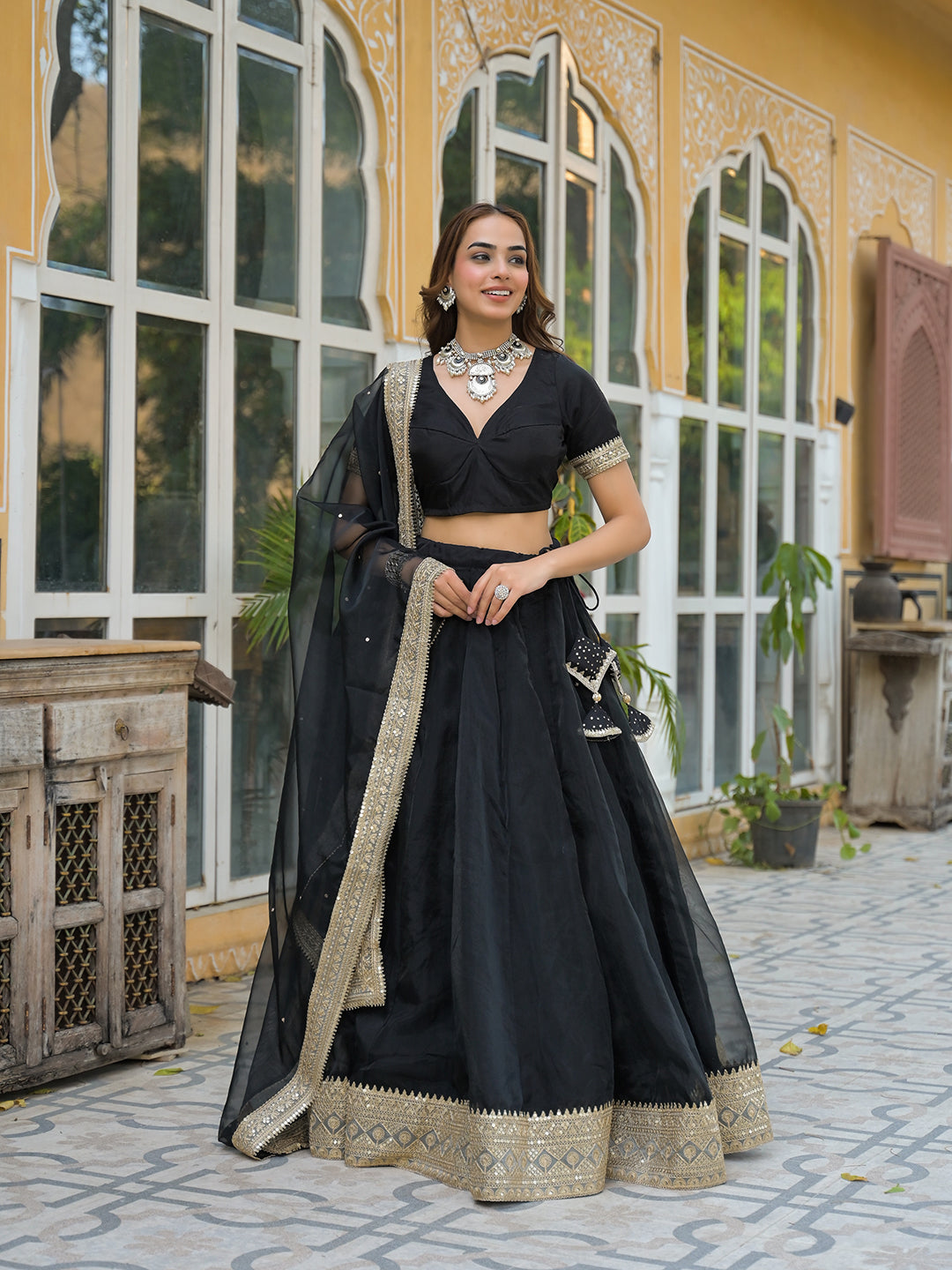 Black Solid Organza Lehenga with Choli and Dupatta — view 1