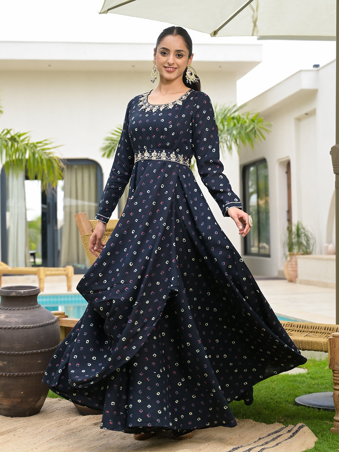 Divena Navy Blue Bandhani Print Flared Long Dress with Belt – divena world