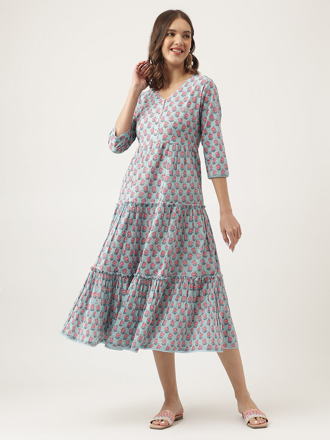Sky Blue Floral Printed Cotton Tiered Dress — view 1