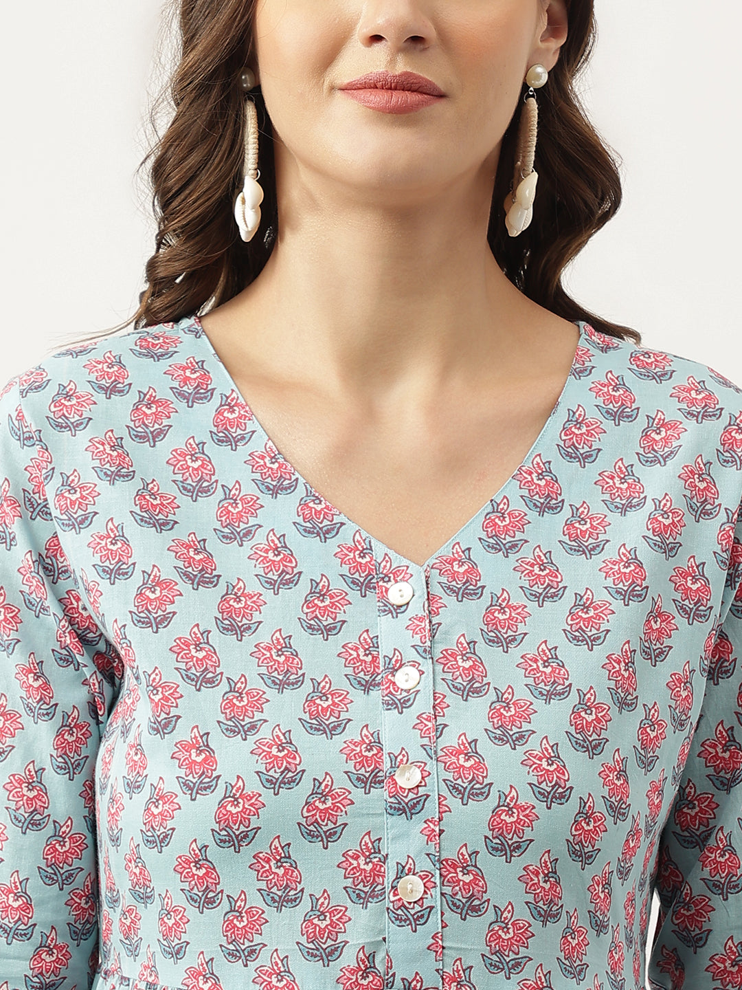 Divena Sky Blue Floral Printed Cotton Tiered Dress