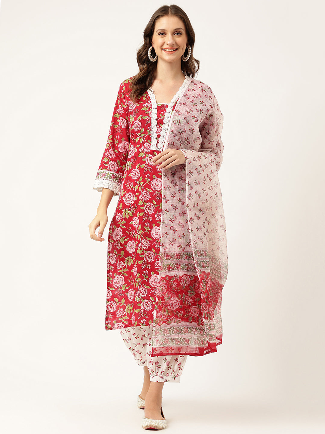 Floral HandBlock Printed Kurta Trouser & Kota Dori Dupatta Set — view 1