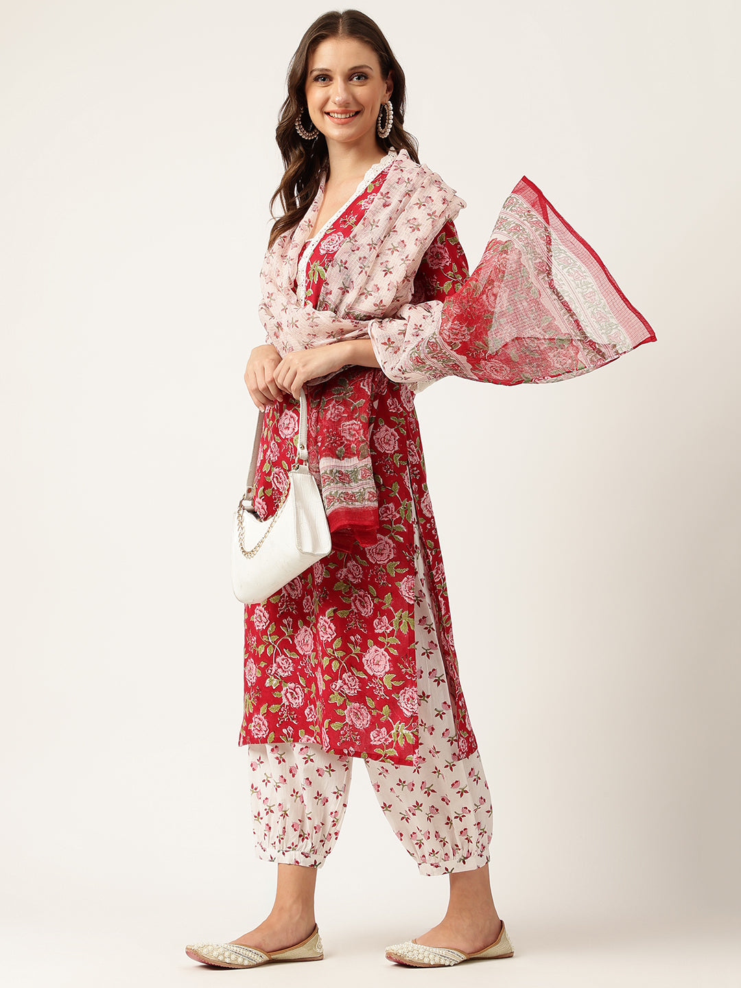 Divena Floral HandBlock Printed Kurta Trouser & Kota Dori Dupatta Set