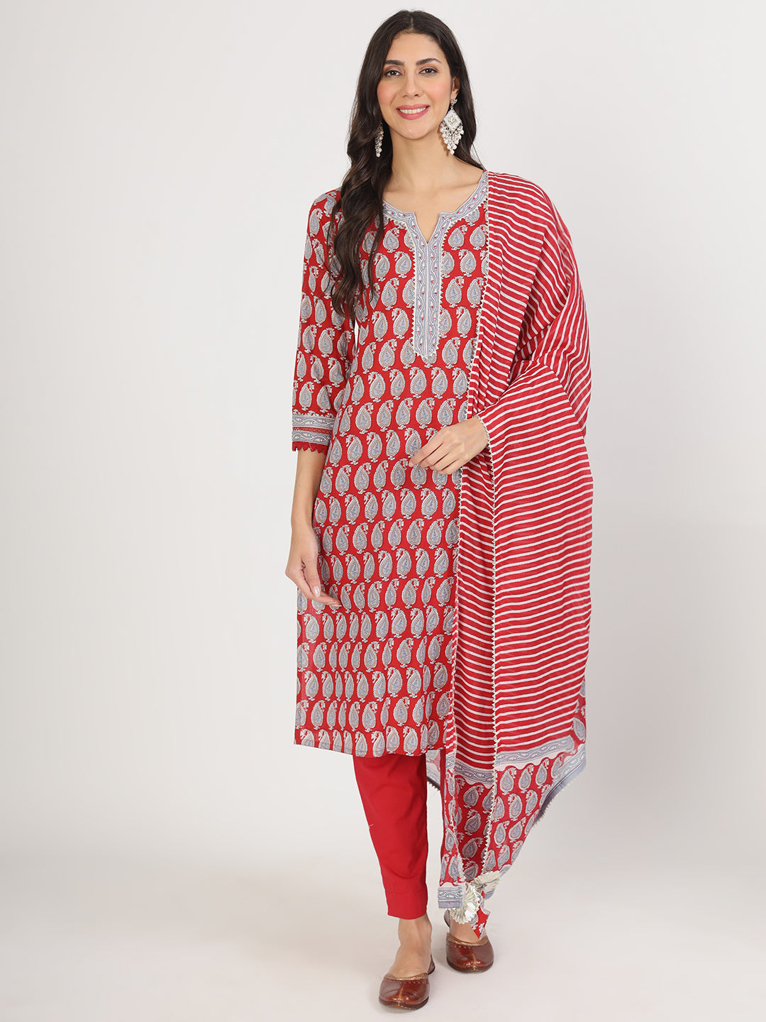 Maroon Paisley Print Cotton Kurta pants with Dupatta set — view 1