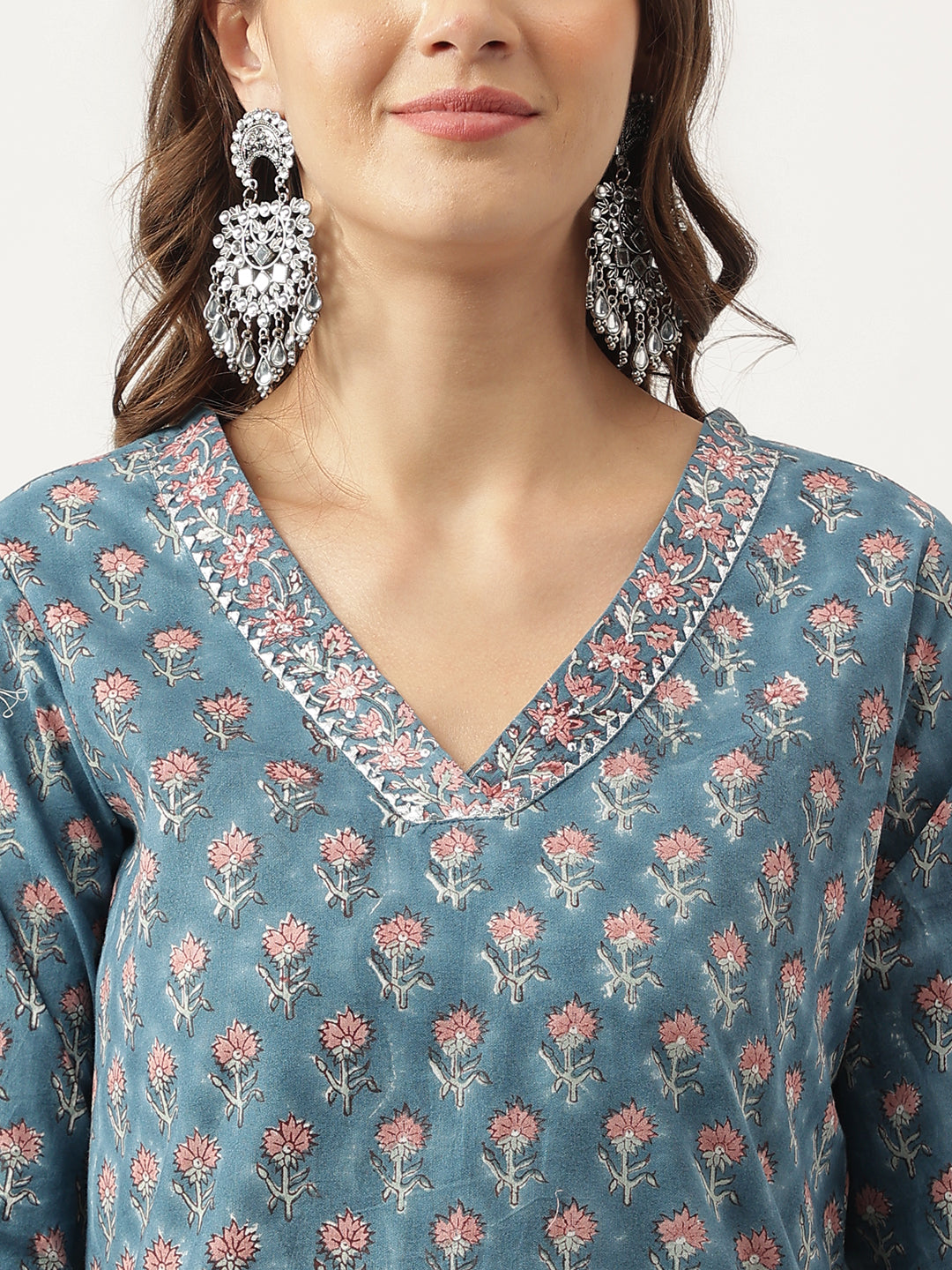 Divena Blue Floral Printed Cotton Embroidered kurta, Trouser with Dupatta