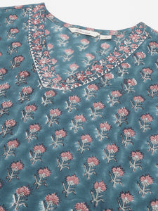 Divena Blue Floral Printed Cotton Embroidered kurta, Trouser with Dupatta