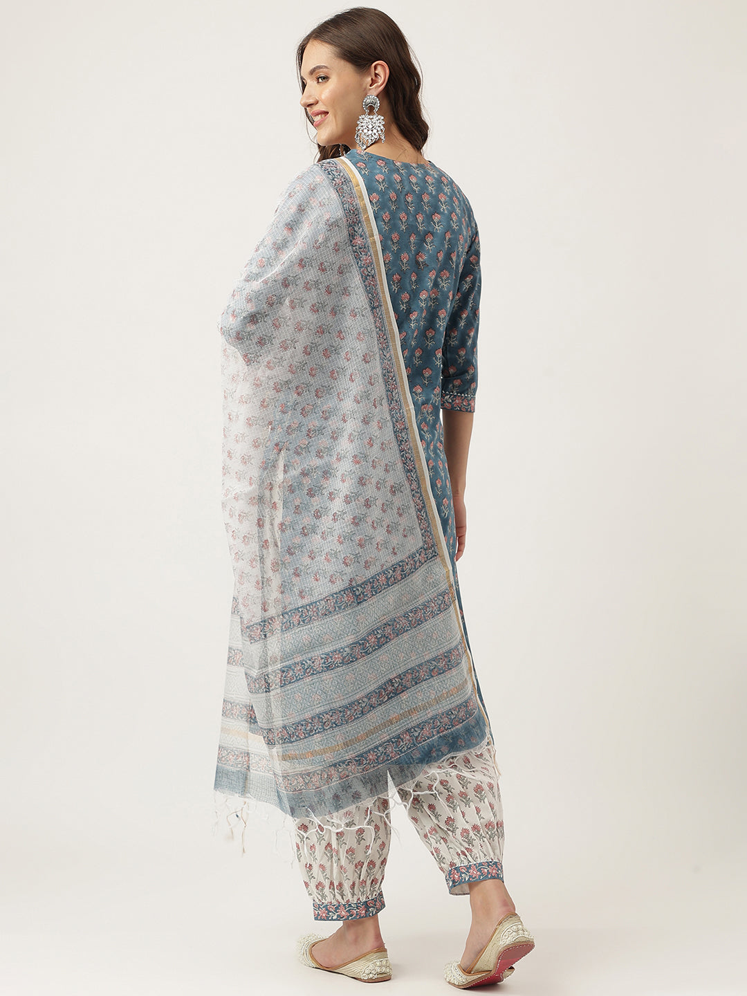 Divena Blue Floral Printed Cotton Embroidered kurta, Trouser with Dupatta