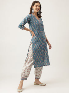 Divena Blue Floral Printed Cotton Embroidered kurta, Trouser with Dupatta