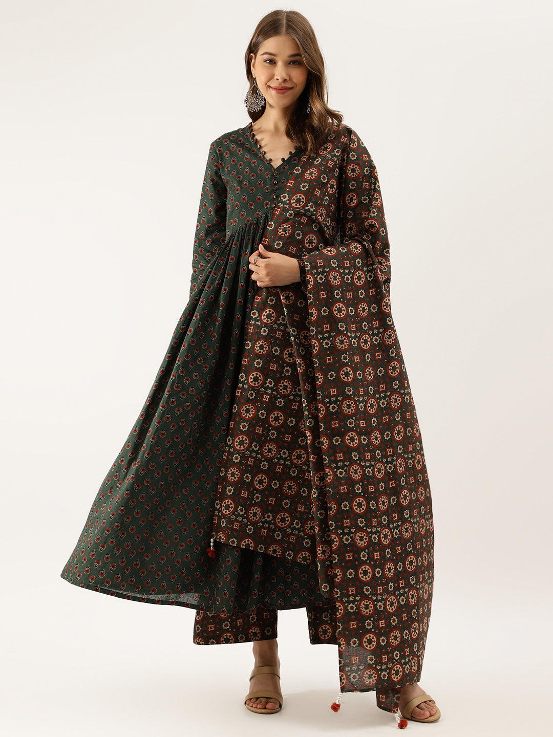 Green Floral Print Cotton Kurta set with Dupatta — view 1