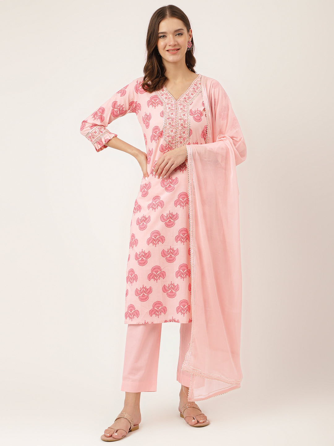 Divena Pink Floral Print Cotton  Kurta, Trouser & Dupatta