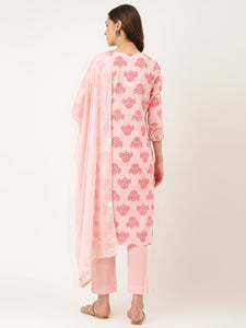 Divena Pink Floral Print Cotton  Kurta, Trouser & Dupatta