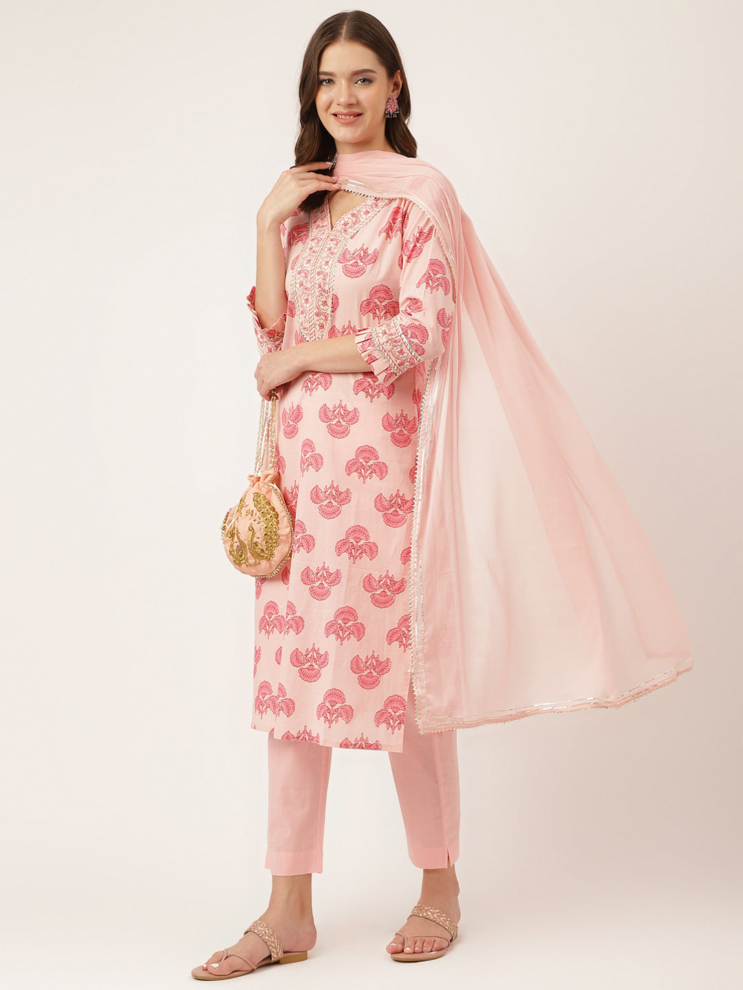 Pink Floral Print Cotton Kurta, Trouser & Dupatta — view 1