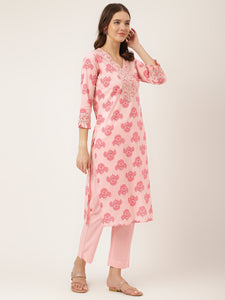 Divena Pink Floral Print Cotton  Kurta, Trouser & Dupatta