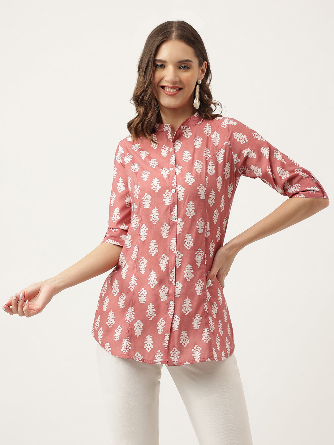 Peach Printed Modal Chanderi Top — view 1