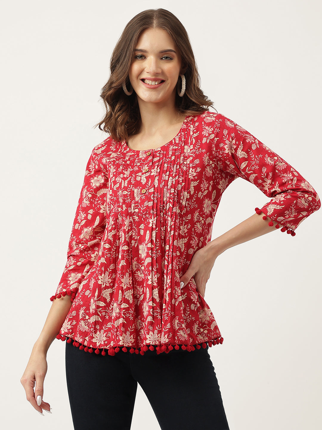Red Floral Printed Cotton Peplum Top — view 1