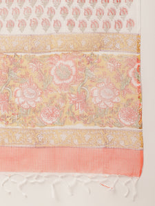 Divena Yellow Hand Block Floral Print Cotton  Kurta, Trouser With Dupatta