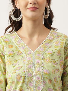 Divena Green Floral Printed Cotton Straight Short Kurta, trousers with Dupatta Set