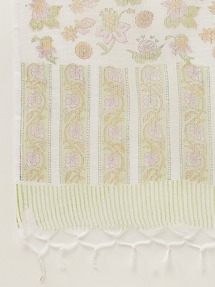 Divena Green Floral Printed Cotton Straight Short Kurta, trousers with Dupatta Set