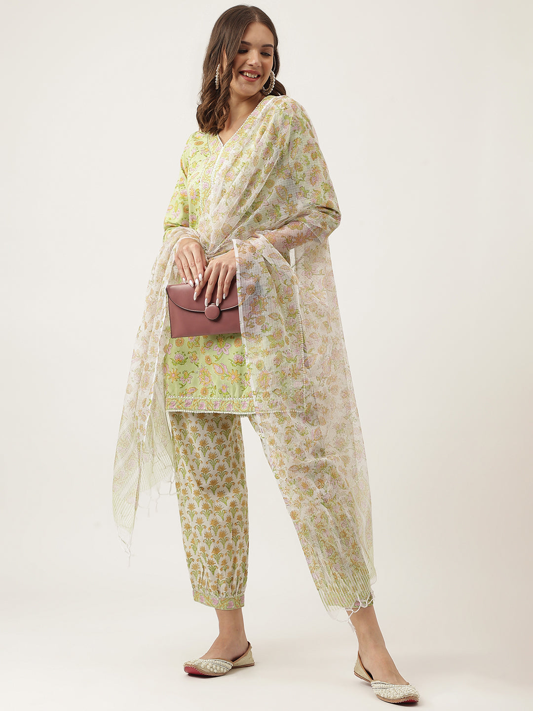 Green Floral Printed Cotton Straight Short Kurta, trousers with Dupatta Set — view 1