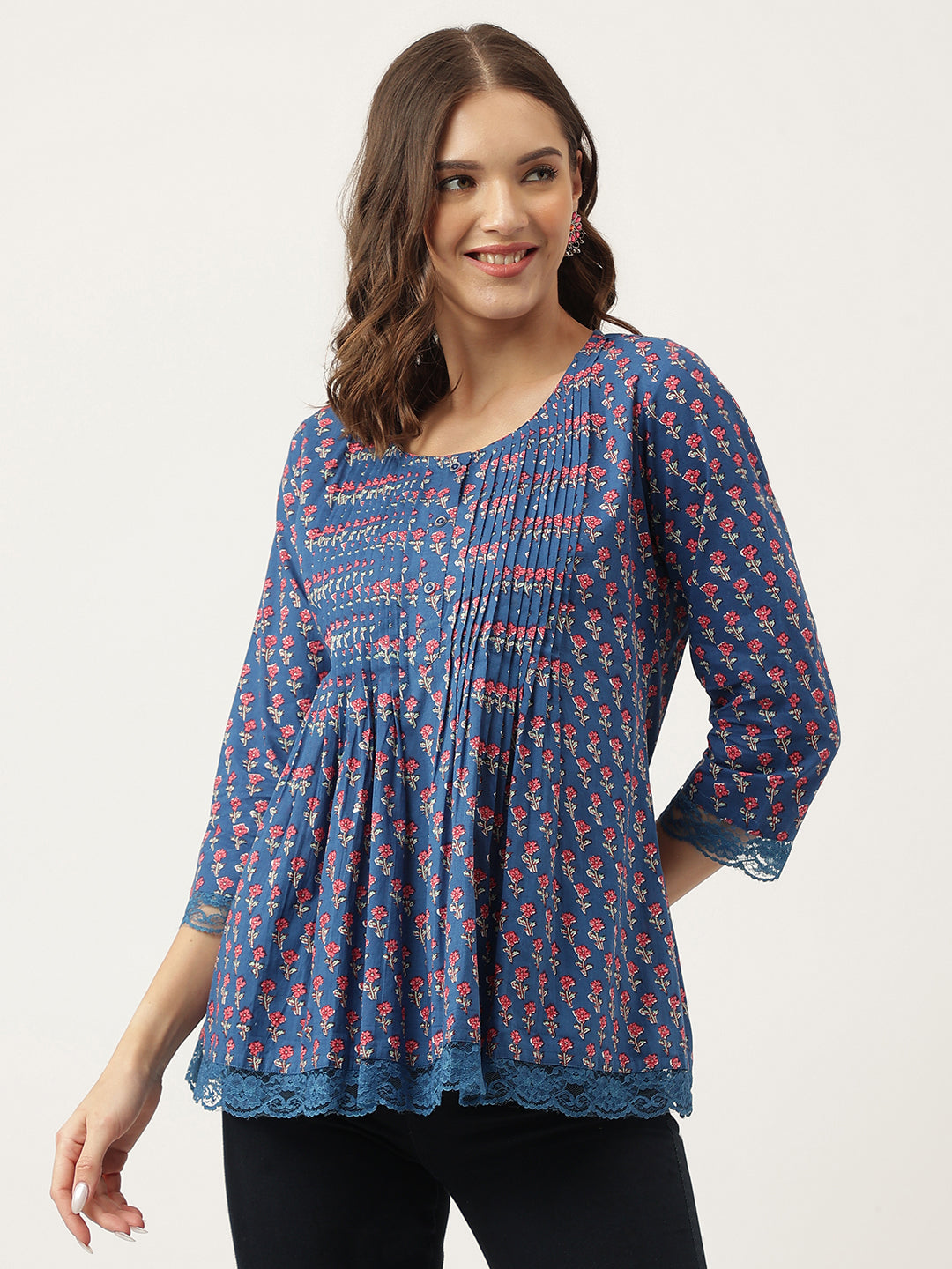 Navy Blue Floral Printed Cotton Peplum Top — view 1