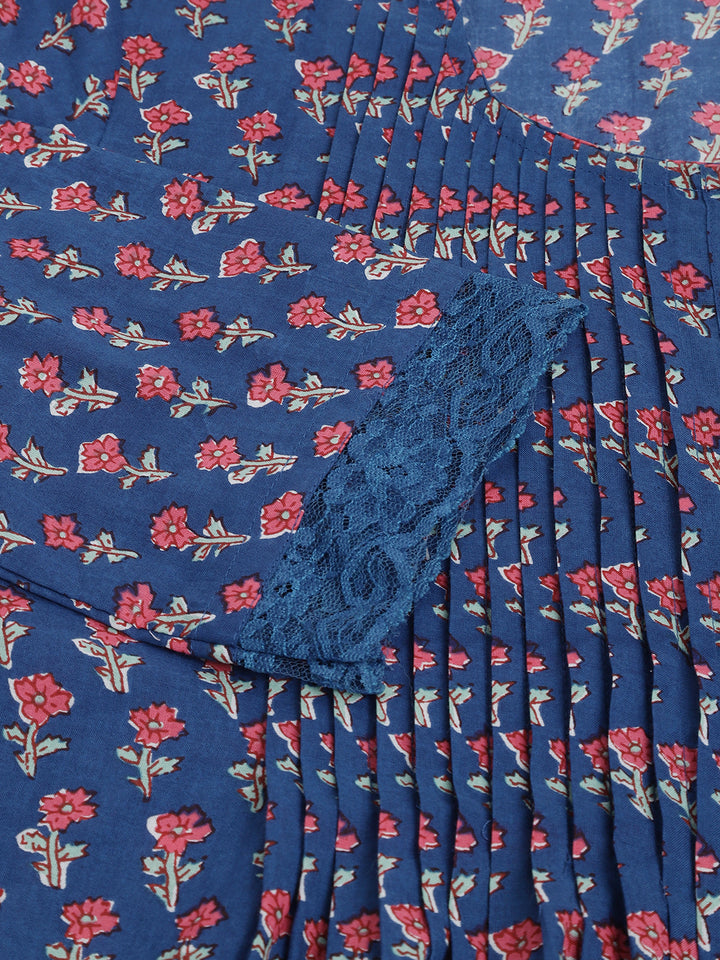 Divena Navy Blue Floral Printed Cotton Peplum Top