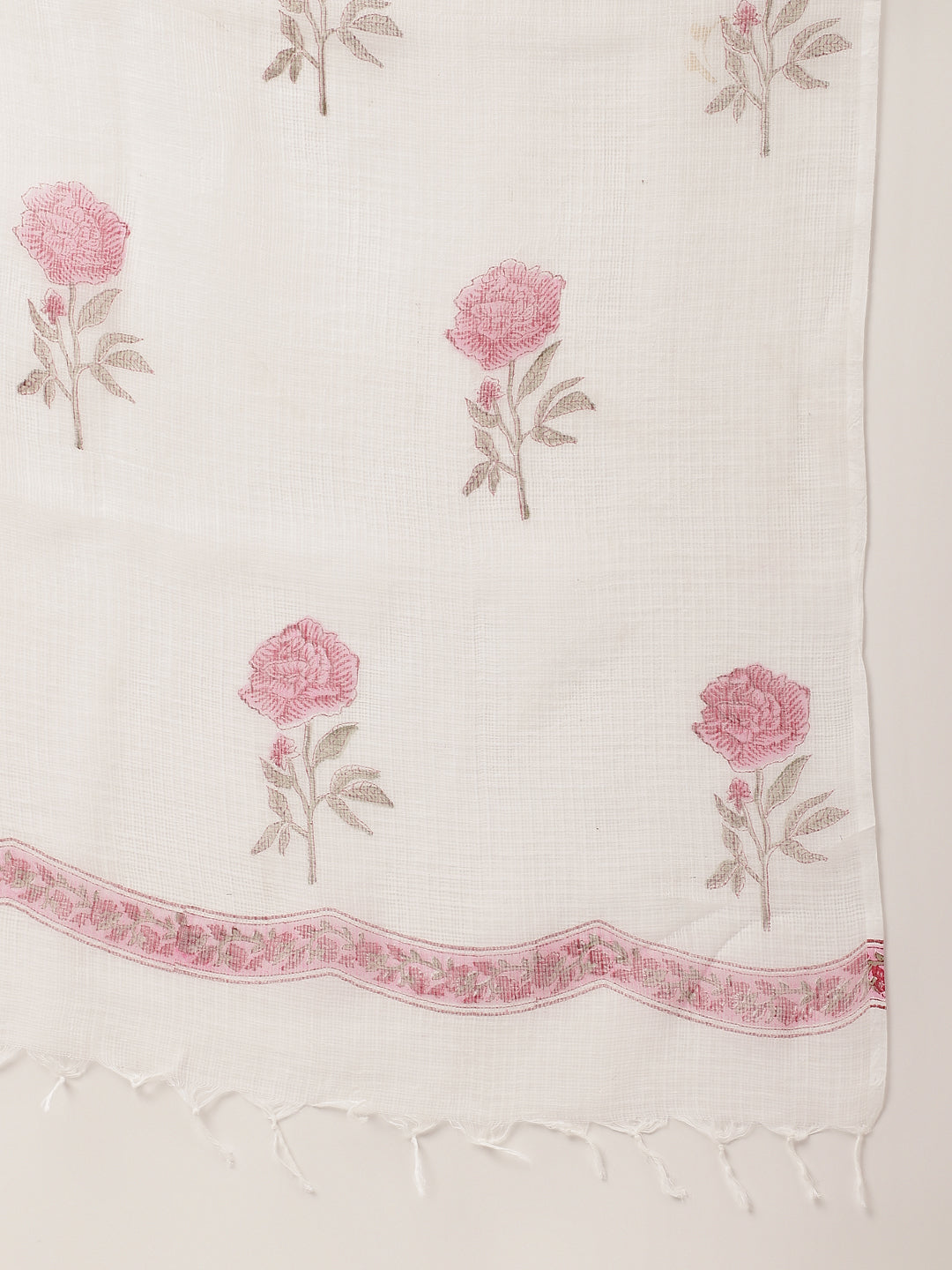 Divena White Hand Block Floral Print Cotton  Kurta, Trouser & Dupatta