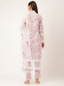 Divena White Hand Block Floral Print Cotton  Kurta, Trouser & Dupatta