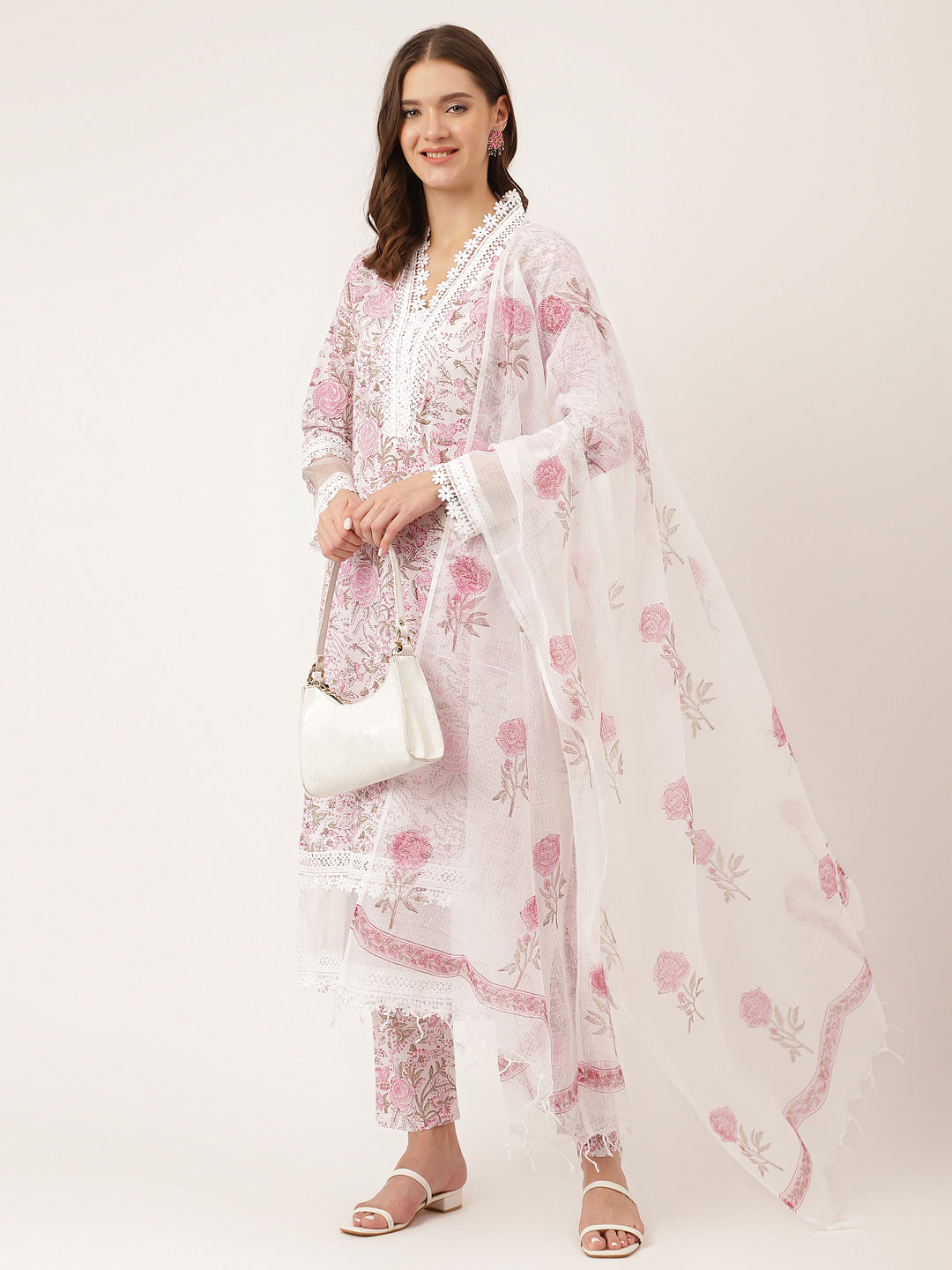 White Hand Block Floral Print Cotton Kurta, Trouser & Dupatta — view 1