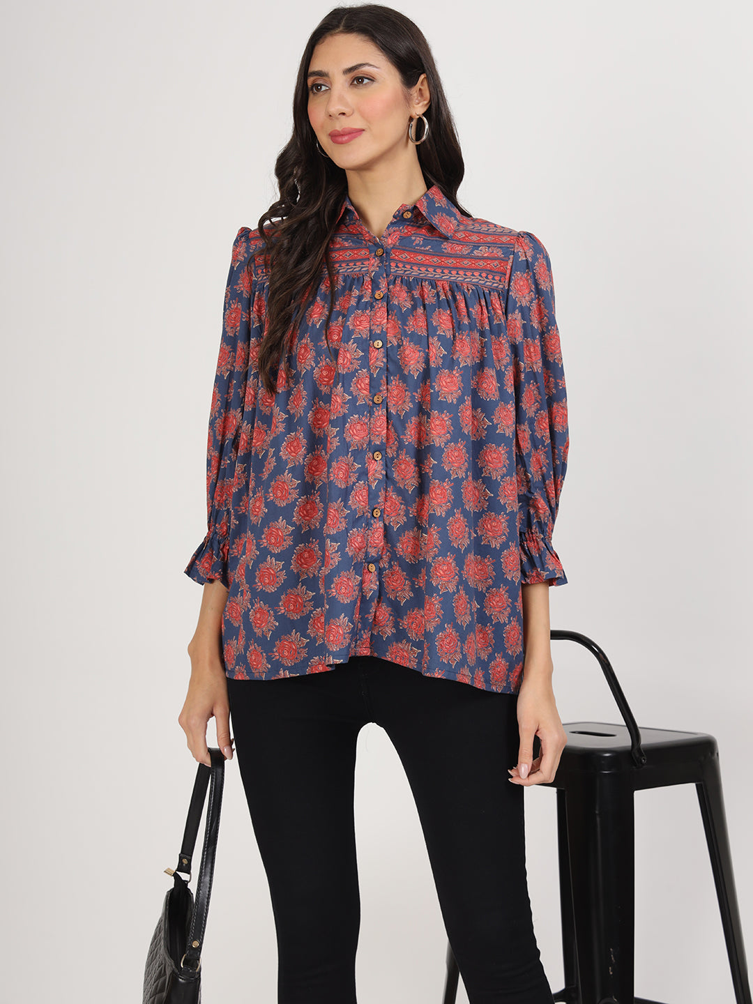 Navy Blue Cotton Peplum FitCollar Neck top for Women — view 1