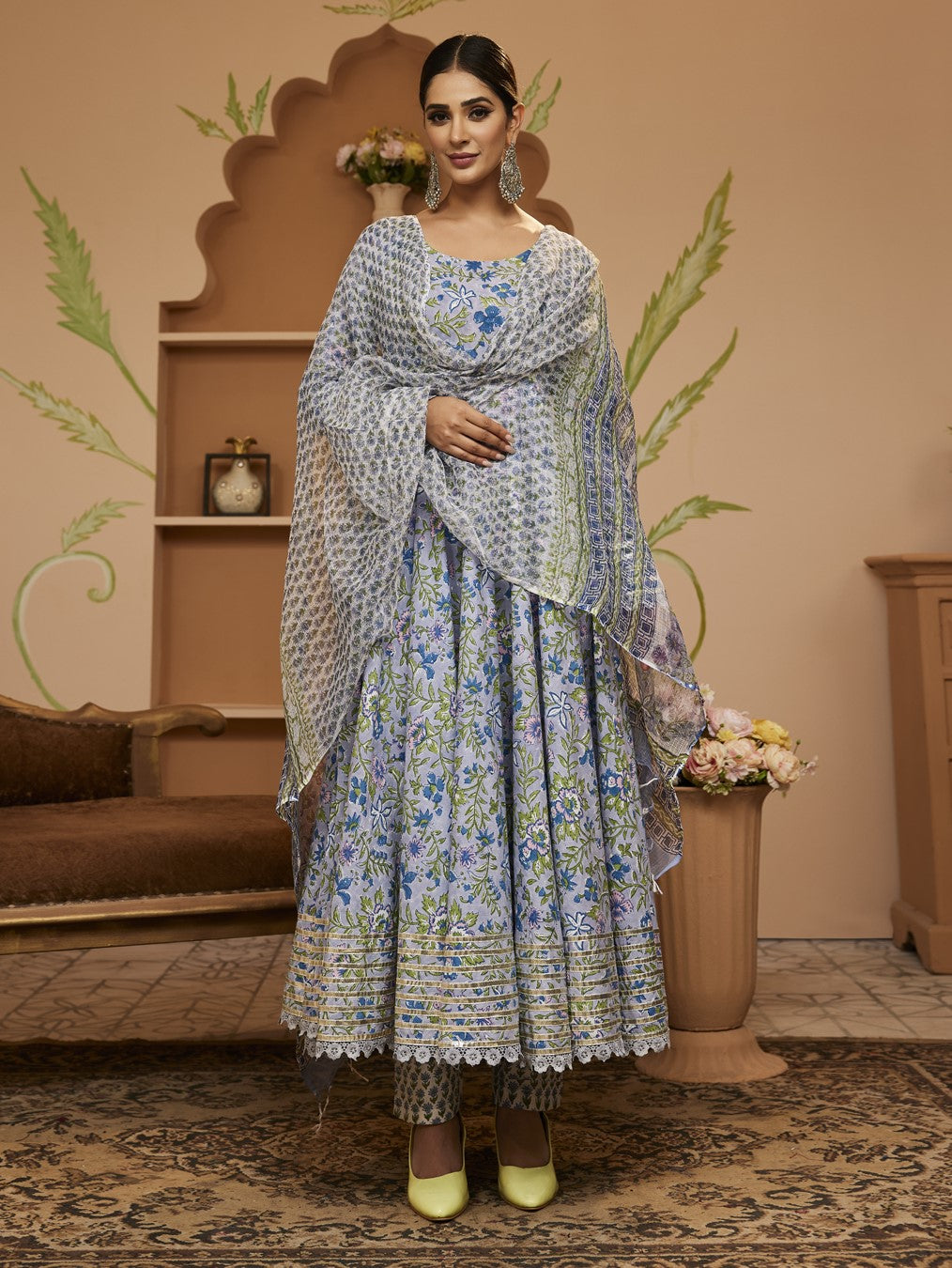 Divena Handblock Floral Printed Blue Anarkali Cotton Kurta With Trousers & Dupatta