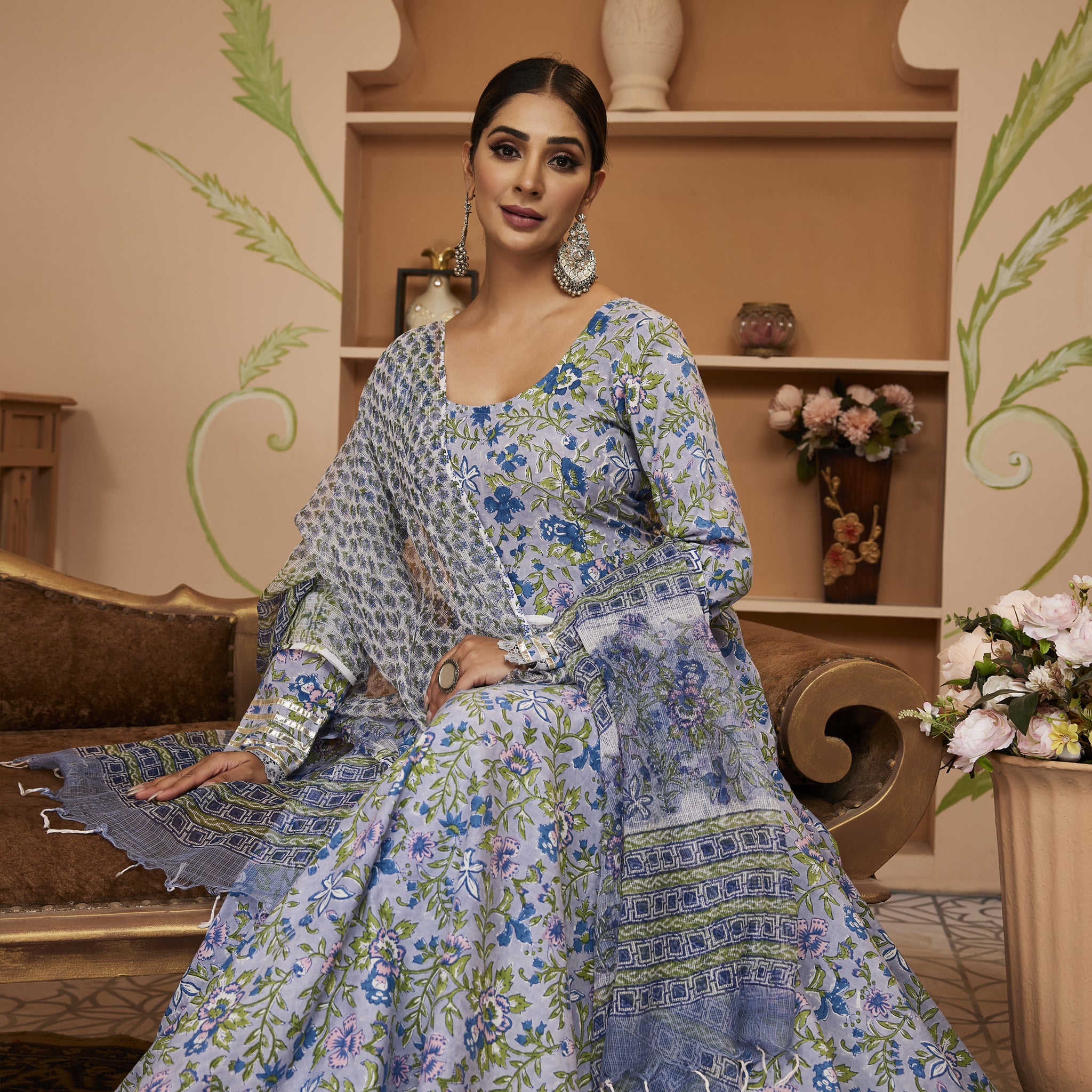 Divena Handblock Floral Printed Blue Anarkali Cotton Kurta With Trousers & Dupatta