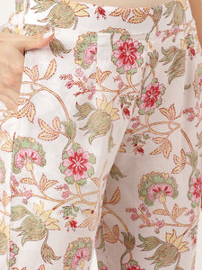 Divena White Hand Block Floral Print Cotton  Kurta, Trouser With Dupatta