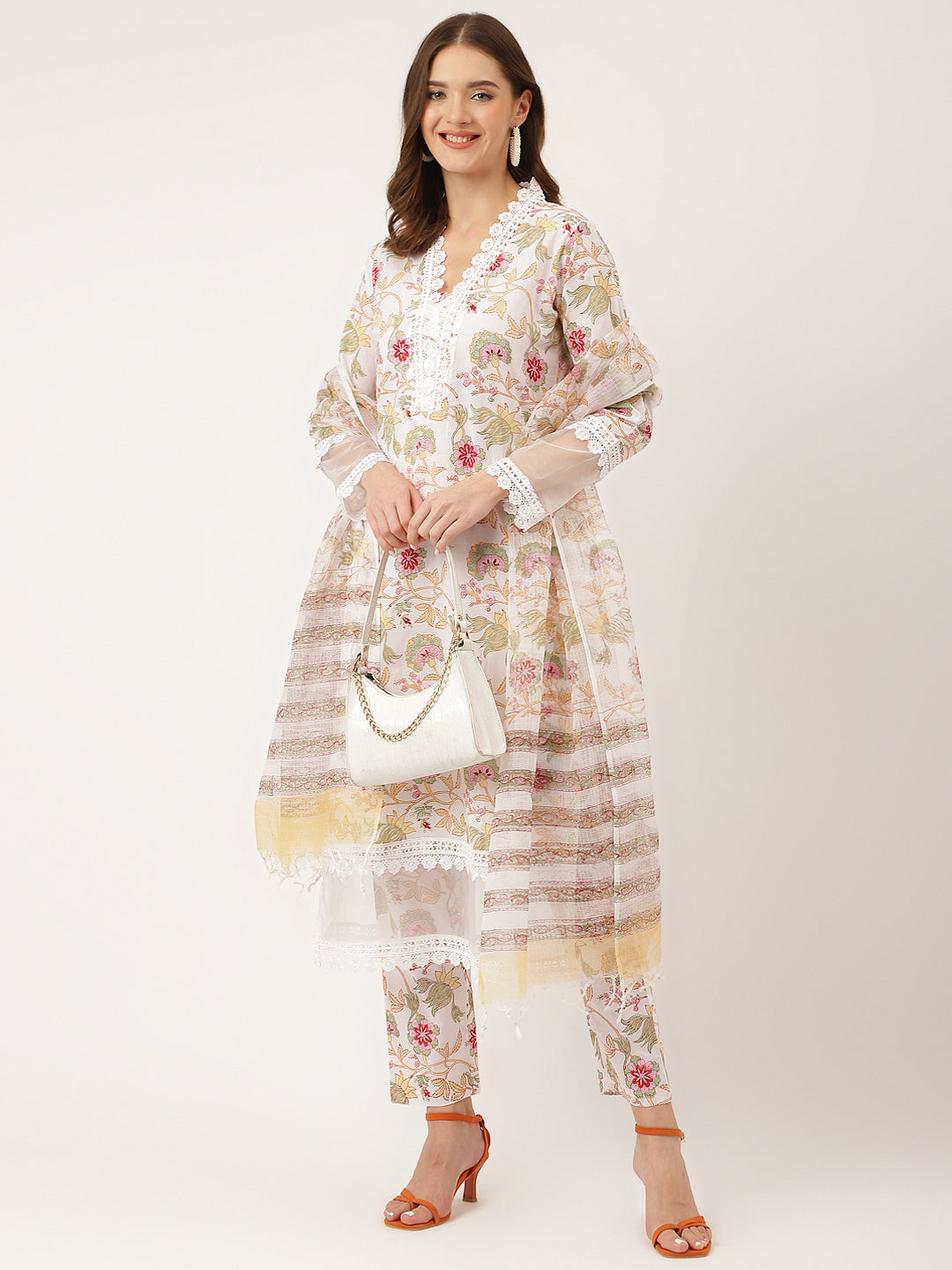 White Hand Block Floral Print Cotton Kurta, Trouser With Dupatta — view 1