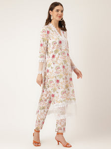 Divena White Hand Block Floral Print Cotton  Kurta, Trouser With Dupatta