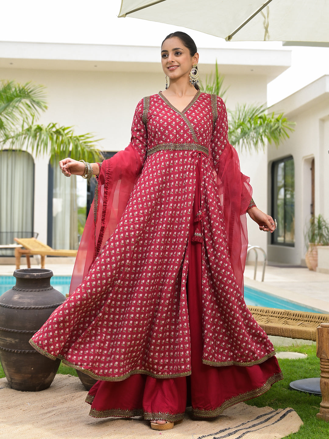 Maroon Printed & Zari Embroidered Rayon Layered Kurta with Dupatta Set for Women — view 1