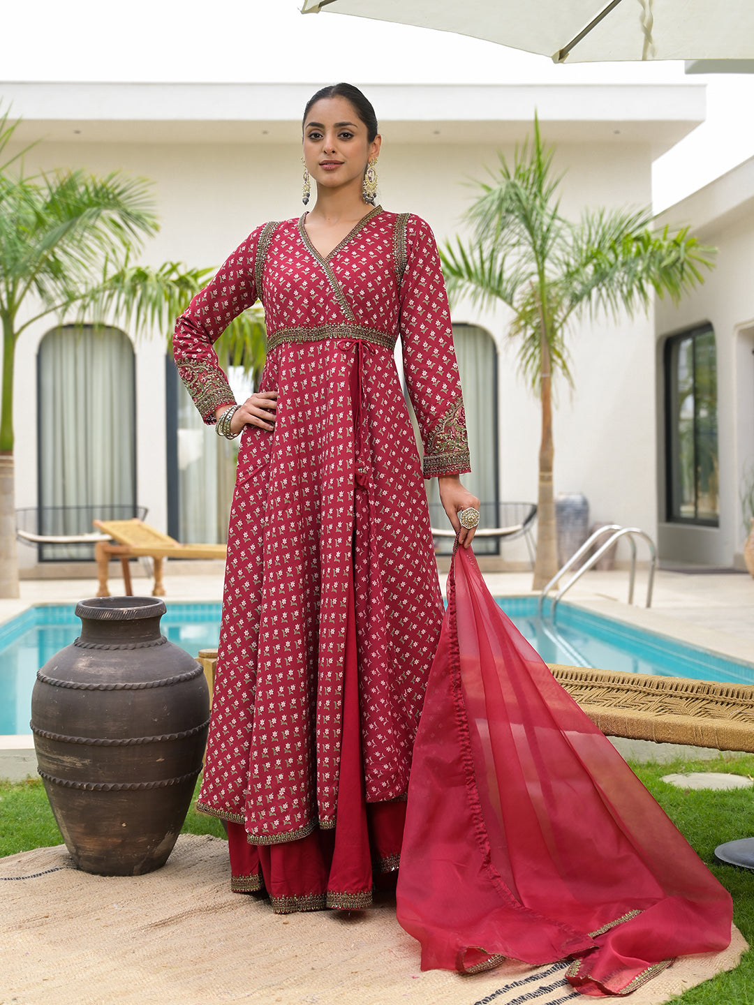 Divena Maroon Printed & Zari Embroidered Rayon Layered Kurta with Dupatta Set for Women