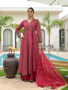 Divena Maroon Printed & Zari Embroidered Rayon Layered Kurta with Dupatta Set for Women