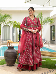 Divena Maroon Printed & Zari Embroidered Rayon Layered Kurta with Dupatta Set for Women