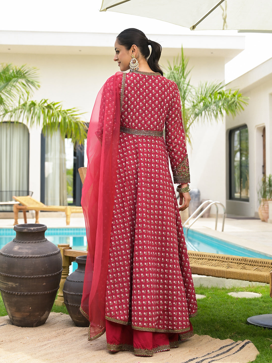 Divena Maroon Printed & Zari Embroidered Rayon Layered Kurta with Dupatta Set for Women