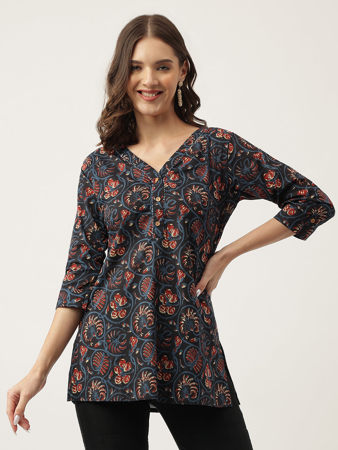 Navy Blue Floral Printed Cotton Peplum V-Neck Top — view 1