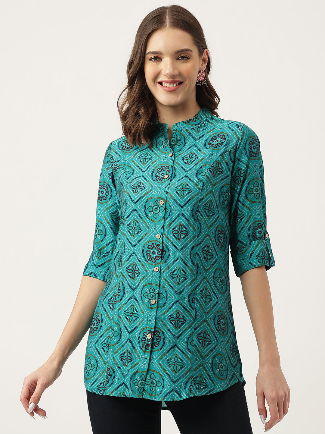 Turquoise Blue Printed Muslin Fold Sleeve top — view 1