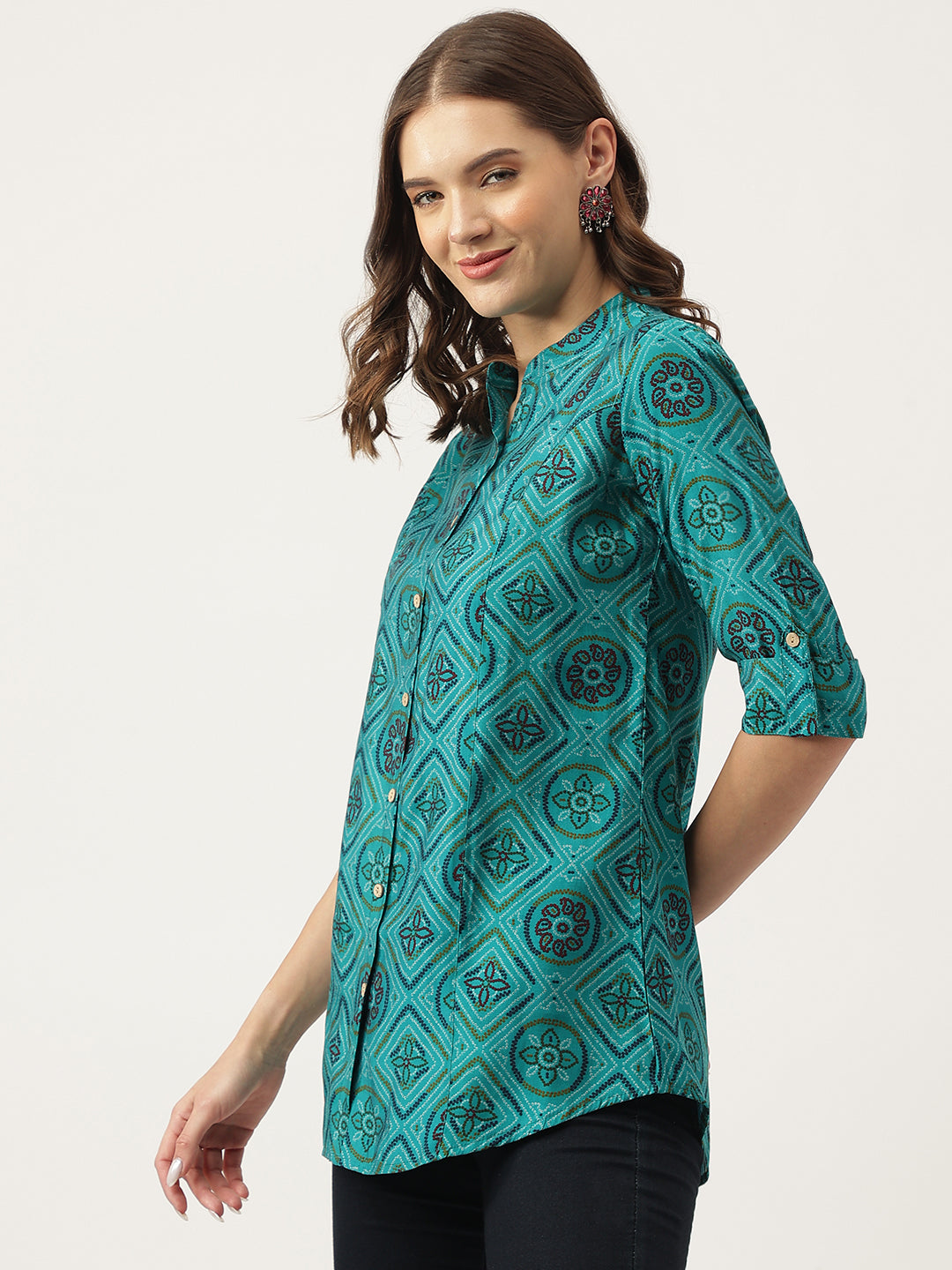 Divena Turquoise Blue Printed Muslin Fold Sleeve top