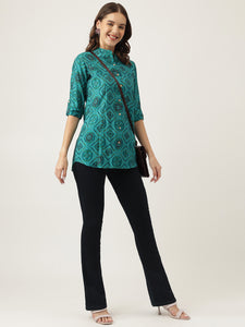 Divena Turquoise Blue Printed Muslin Fold Sleeve top